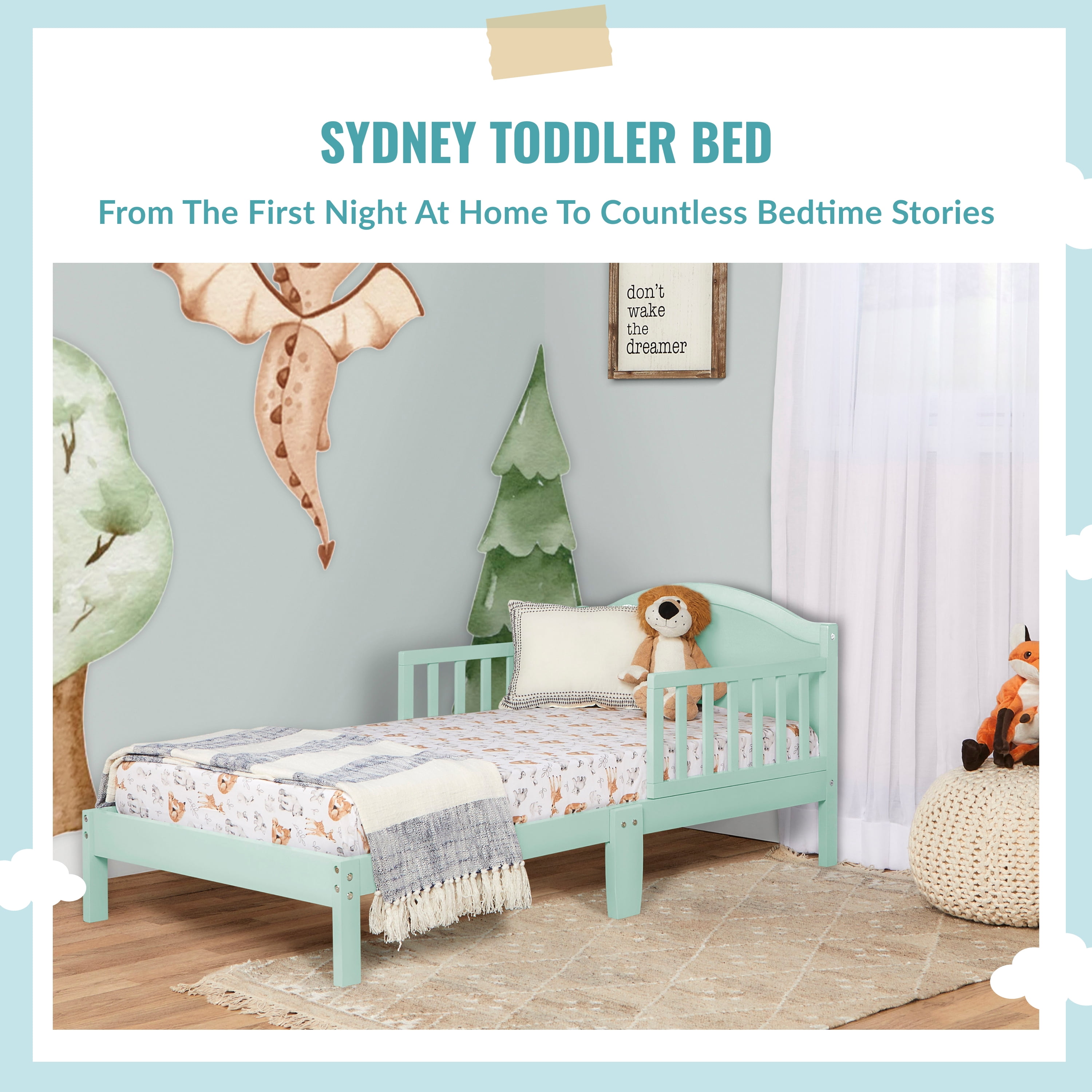Dream On Me Sydney Kid's Twin Wooden Toddler Bed with Safety Rails, Mint Green