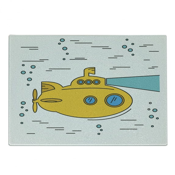 Yellow Submarine Cutting Board, Ocean Nautical Adventure Underwater Bubbles Porthole Cartoon, Decorative Tempered Glass Cutting and Serving Board, Small Size, White Yellow Blue, by Ambesonne