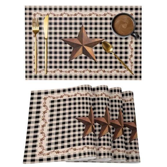 Placemats Set of 4, Texas Star Vintage Woven Placemat, Linen Place Mats for Kitchen/Dining Tables, Retro Country Brown Stars Checkered Washable Table Mats for Party