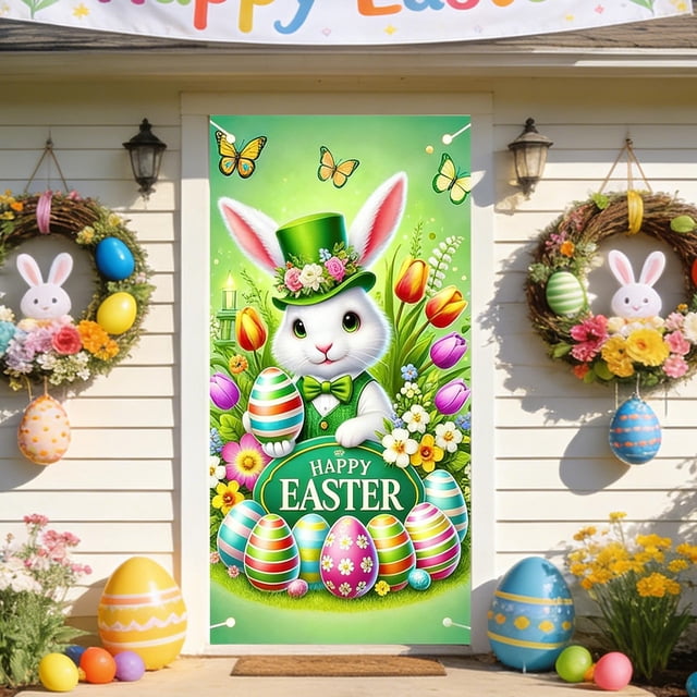weibbin Easter Bunny Door Banner with Eggs - 35x71 Inch Vertical Polyester Flag for Front Door, Spring Party Backdrop, Style D