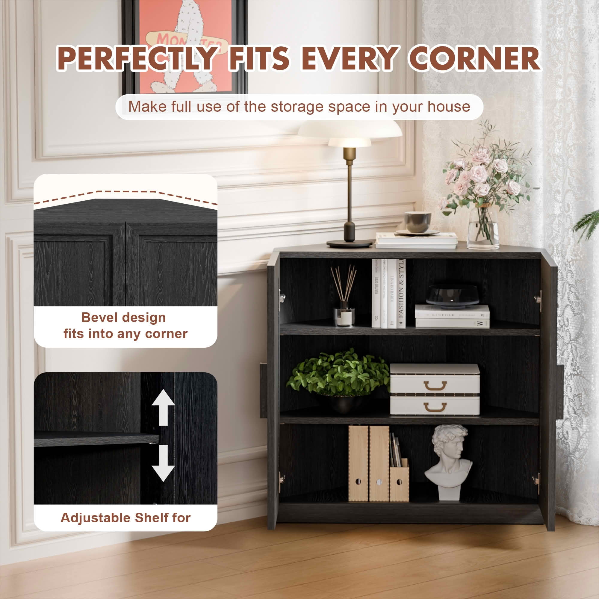 MAYEERTY 31x31x16 Inch Black 2-Door Corner Storage Cabinet with Solid Wood Door