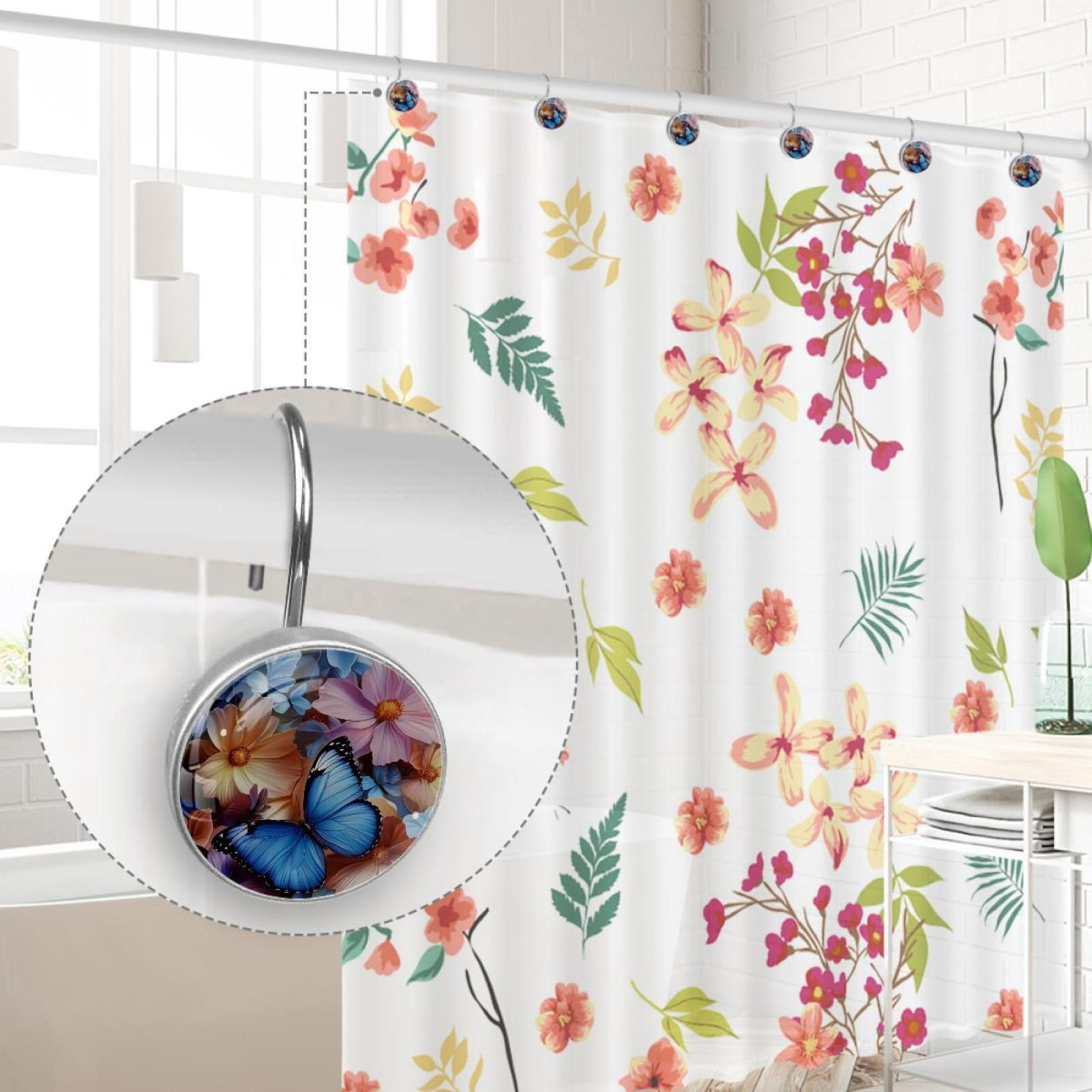 Colored Cosmos Flower Butterfly Shower Curtain Hooks Round Crystal Glass, Set of 12 Shower Curtain Rings - Shower Hooks for Curtain Shower Rings