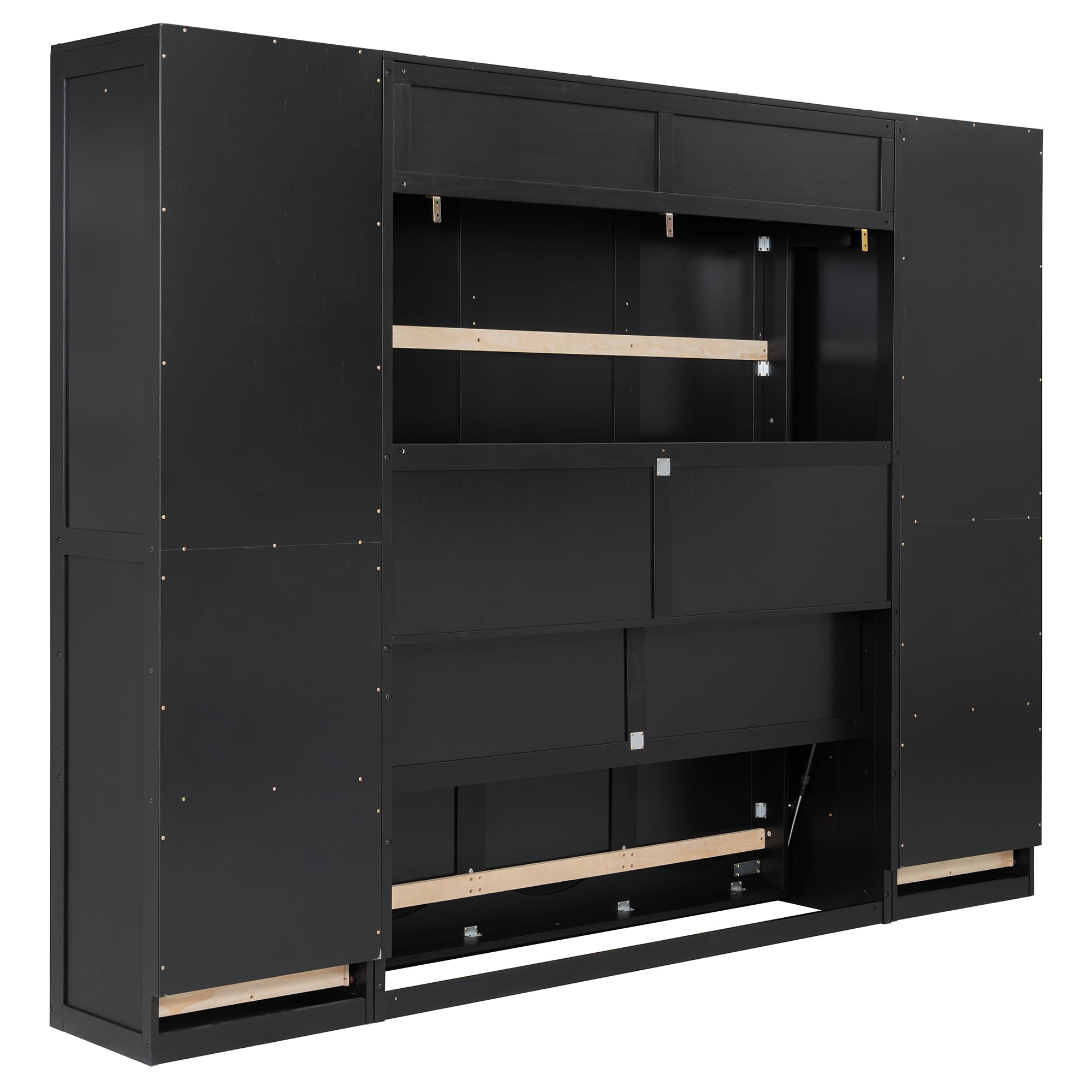 Queen Size Murphy Bed with 2 Closet, 4 Drawers and Open Shelves for Small Space, Guest Room