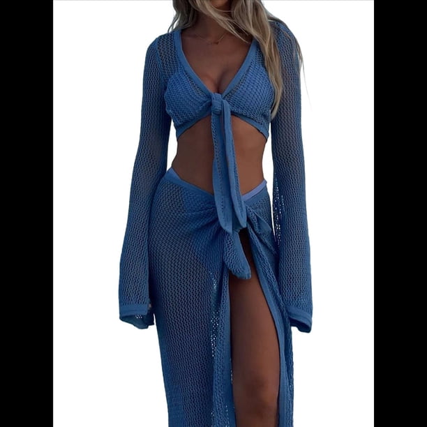 Conjunto de Bikini de Dos Piezas para Mujer, Estilo Crochet, con Aberturas, para Playa Azul L