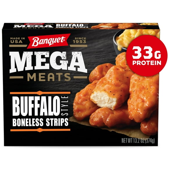 Banquet Mega Meats Buffalo Style Chicken Strips with Mac and Cheese, Frozen Meal, 13.2 oz (Frozen)