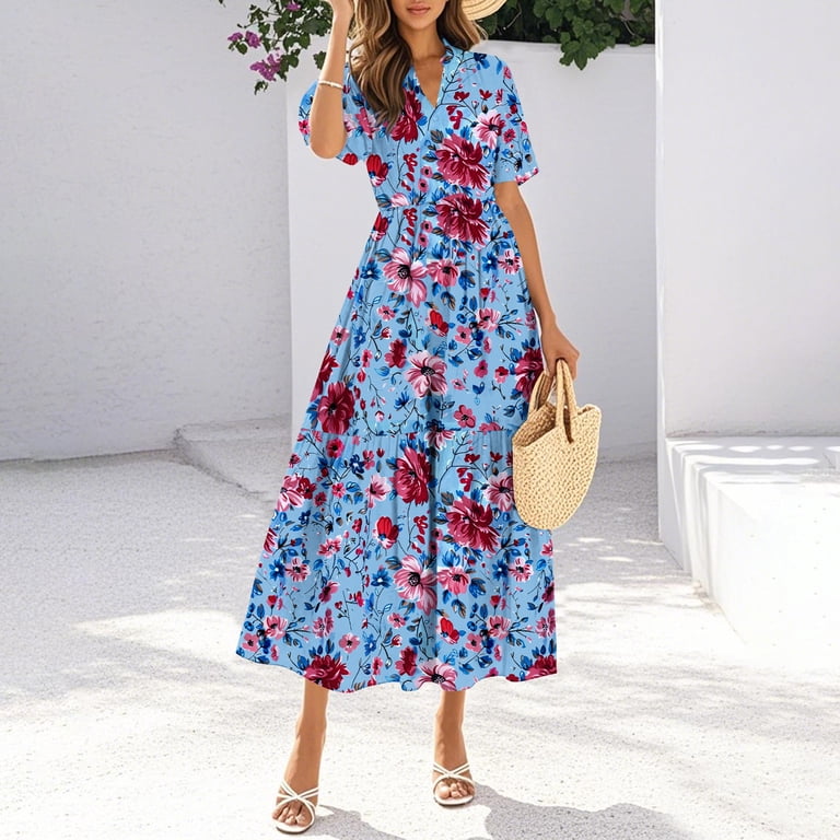 Miqool Women's Bohemian Floral Maxi Dresses Summer Casual Short Sleeve  Button Down Belted Flowy Long Dress Beach Vacation Sundress with Pockets -  Walmart.com