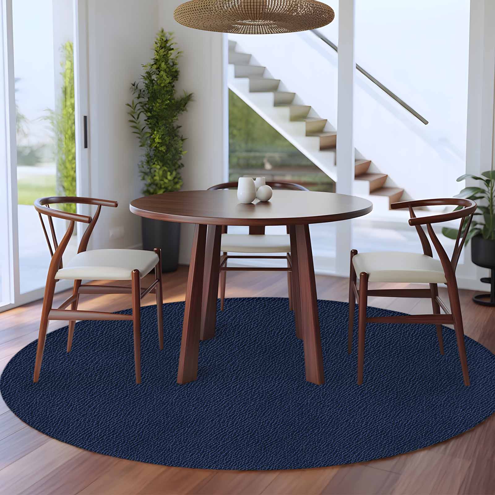 Solid Dark Blue Round Rug 5ft Washable Circle Kitchen Rugs Non Slip Minimalism Abstract Denim Texture Large Area Rug Indoor Floor Carpet for Bedroom Living Room Home Office Dining Room Nursery