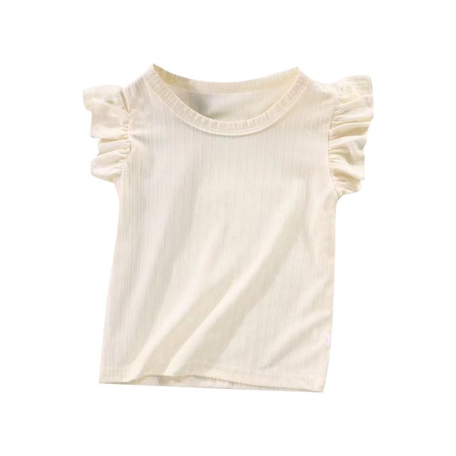 Hinvhai Chemises à Manches à Volants pour Filles en Liquidation Coton Mignon Hauts Col Rond T-Shirts d'Été Jaune 4 Ans