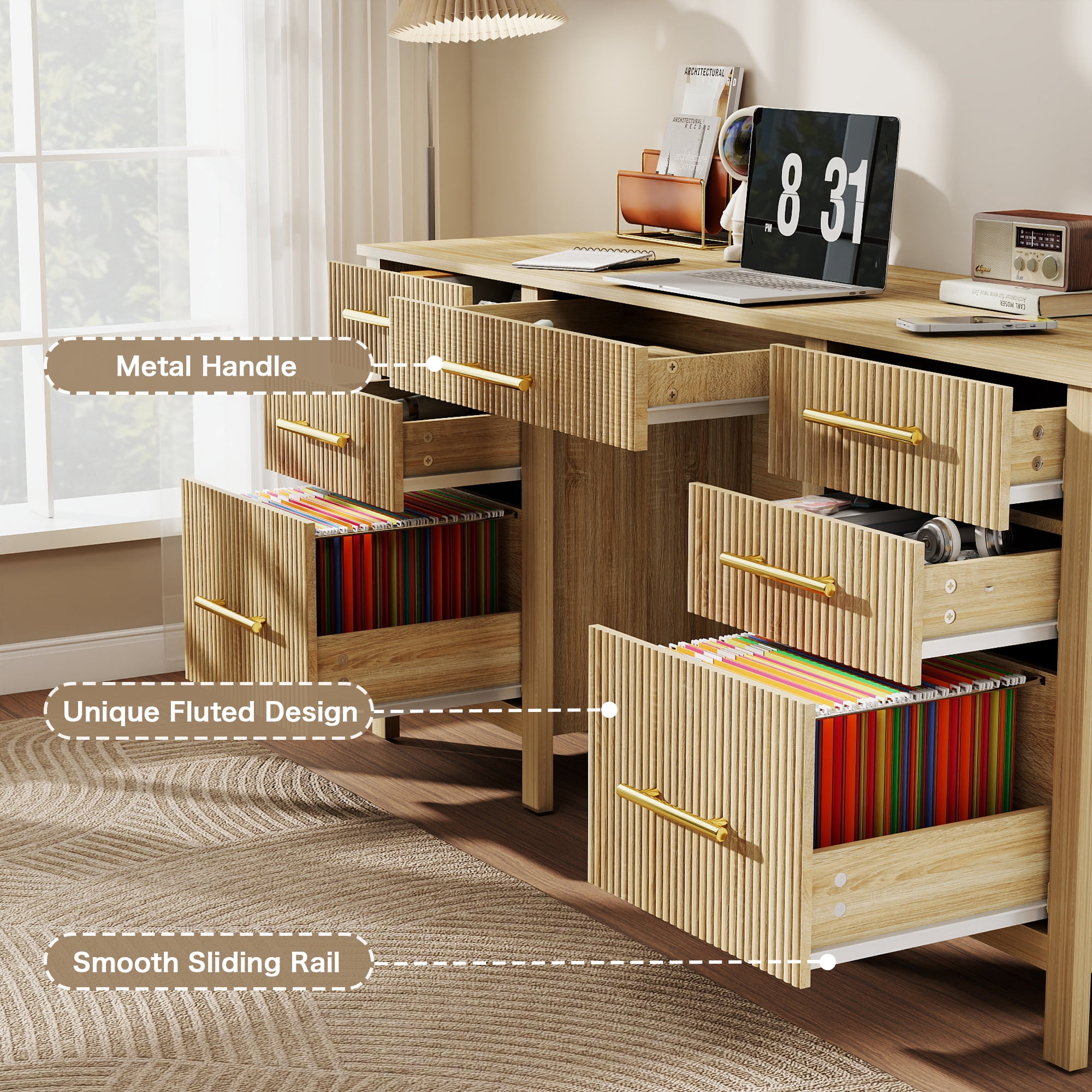 60" Executive Desk with Drawers, Modern Home Office Desk with File Cabinet, Wood Computer Writing Desk Workstation