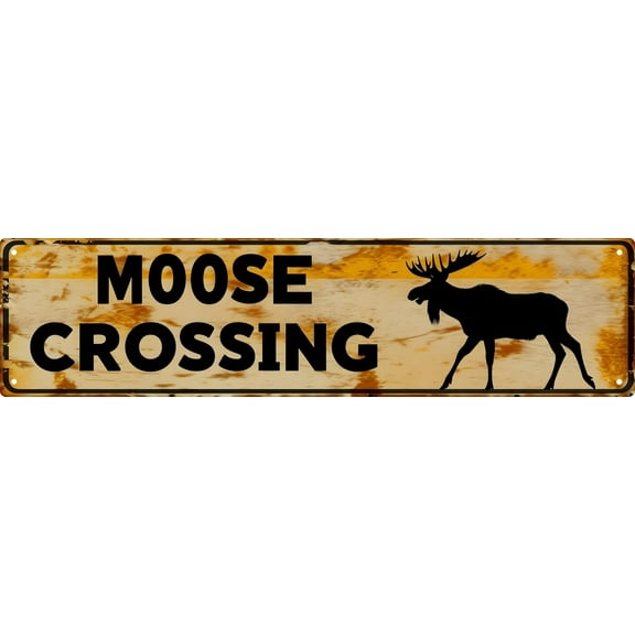 Funny Metal Sign Decor Moose Crossing Road Signs Warning Sign Outdoors Wall Fence Forest Decor coffee Bar Art 16x4 in