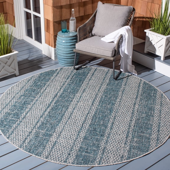 SAFAVIEH Courtyard Robert Striped Indoor/Outdoor Area Rug, Light Grey/Teal, 5'3" x 5'3" Round