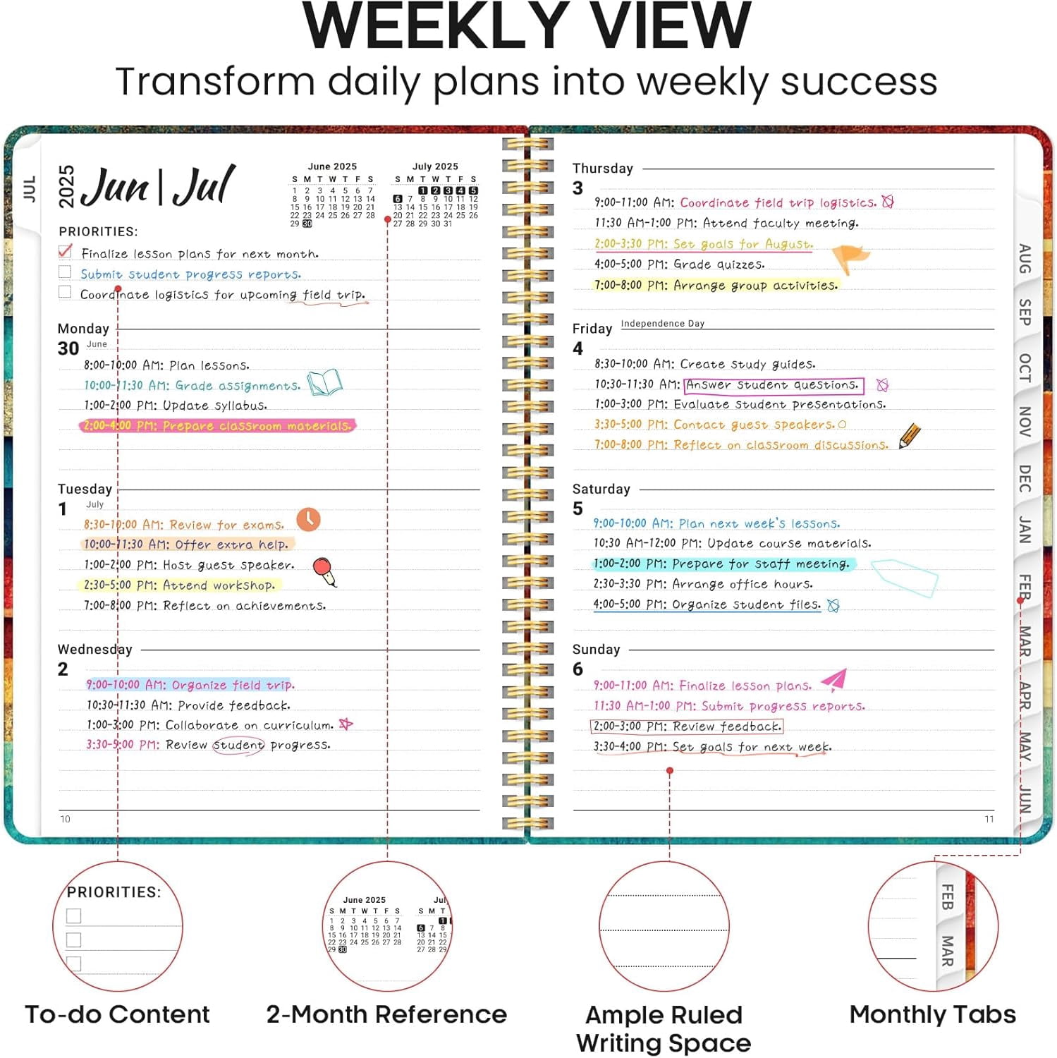 Academic Planner 2025-2026, Weekly and Monthly Calendar Planner Book, July 2025 – June 2026, Hardcover Organizer with Tabs, Perfect for Teachers, Students, Women & Men, A5 (6.4" x 8.5") - Pink