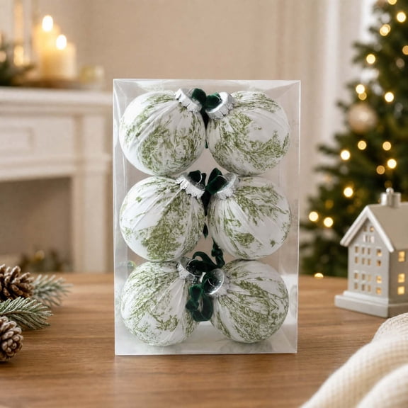 Christmas Ornament Balls Toile Print Fabric Wrapped Vintage Chinoiserie with Velvet Ribbon 6 Count
