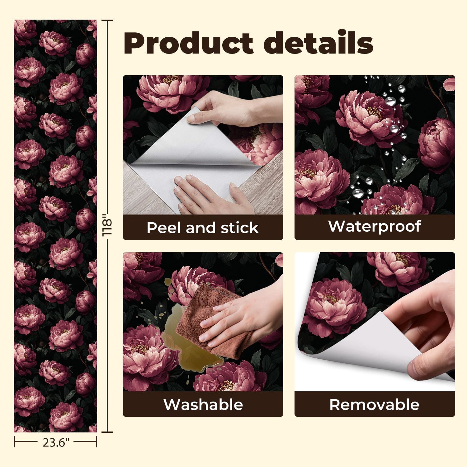 Peel and Stick Wallpaper Elegant Peony Flower Dark Wall Mural 23.6in x 9.8ft Self Adhesive Removable Wall Paper Renter Friendly Wallpaper for Nursery Bedroom Cabinets