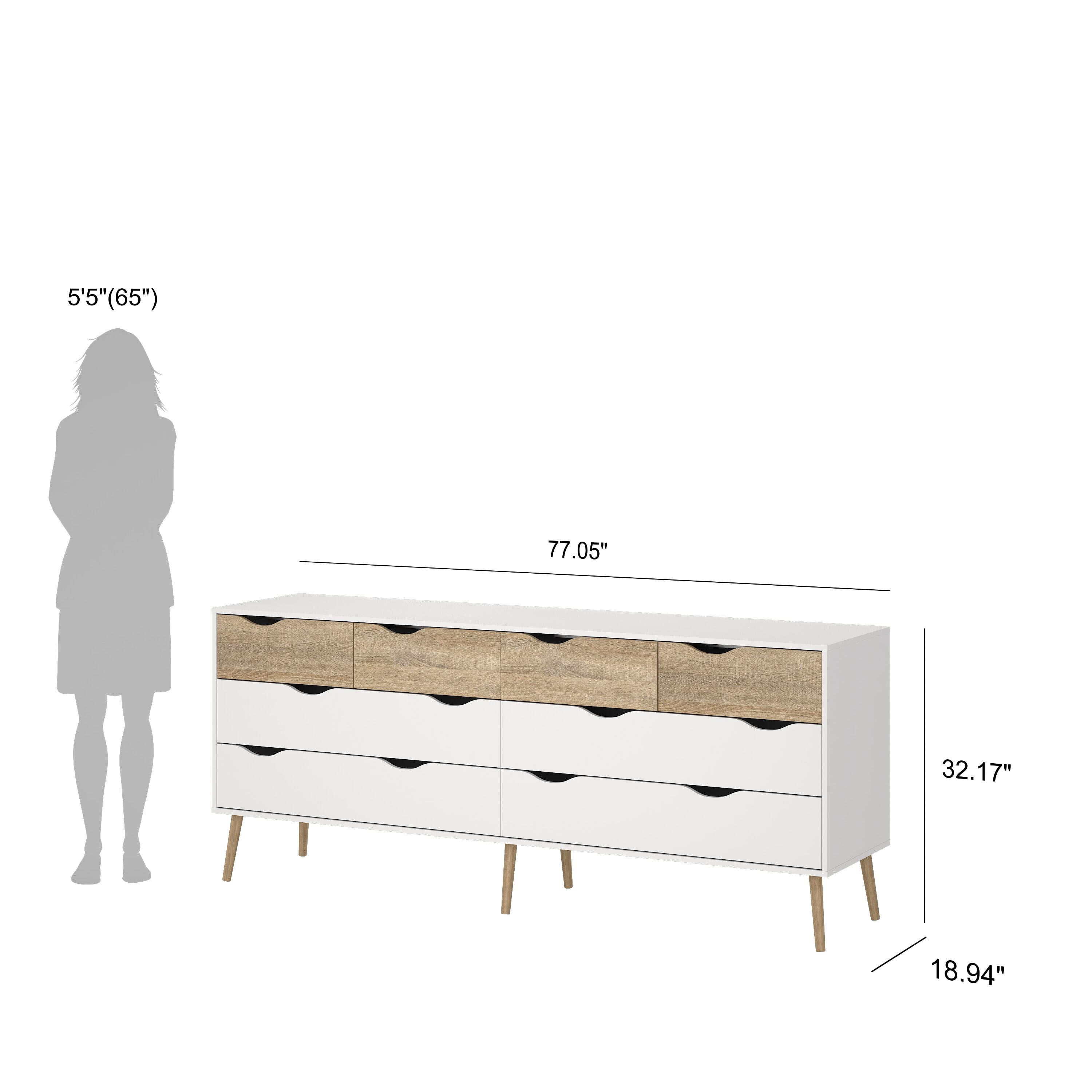 Diana Modern Bedroom 8 Drawer Dresser, Solid Wood, White/Oak