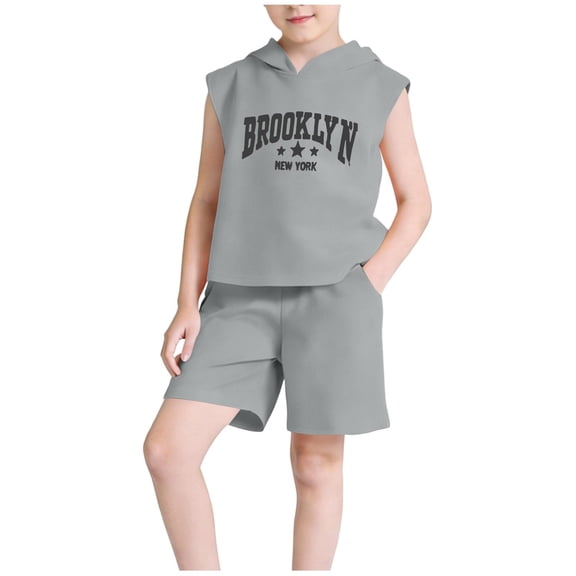 ITSAME Boys Girls Outfits 2-Piece, Letter Print Sleeveless Hoodies and Shorts Fashion Casual Clothes Set Gray Size 10