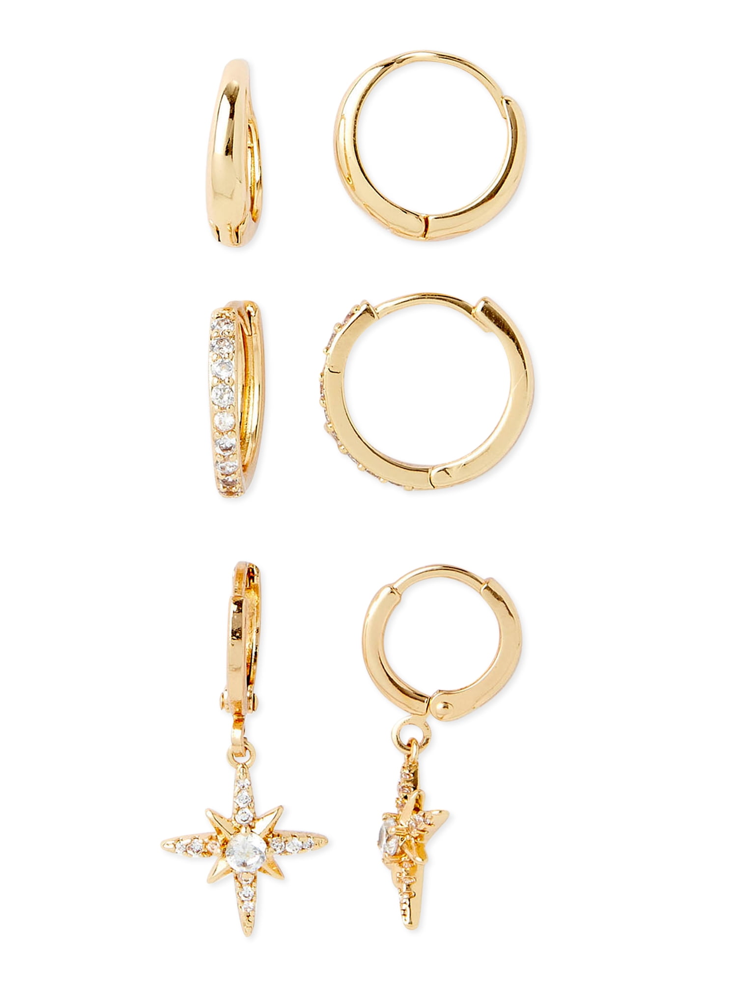 Scoop Womens 14KT Gold Flash-Plated Cubic Zirconia Starburst Hoop Earring Trio, 3-Piece