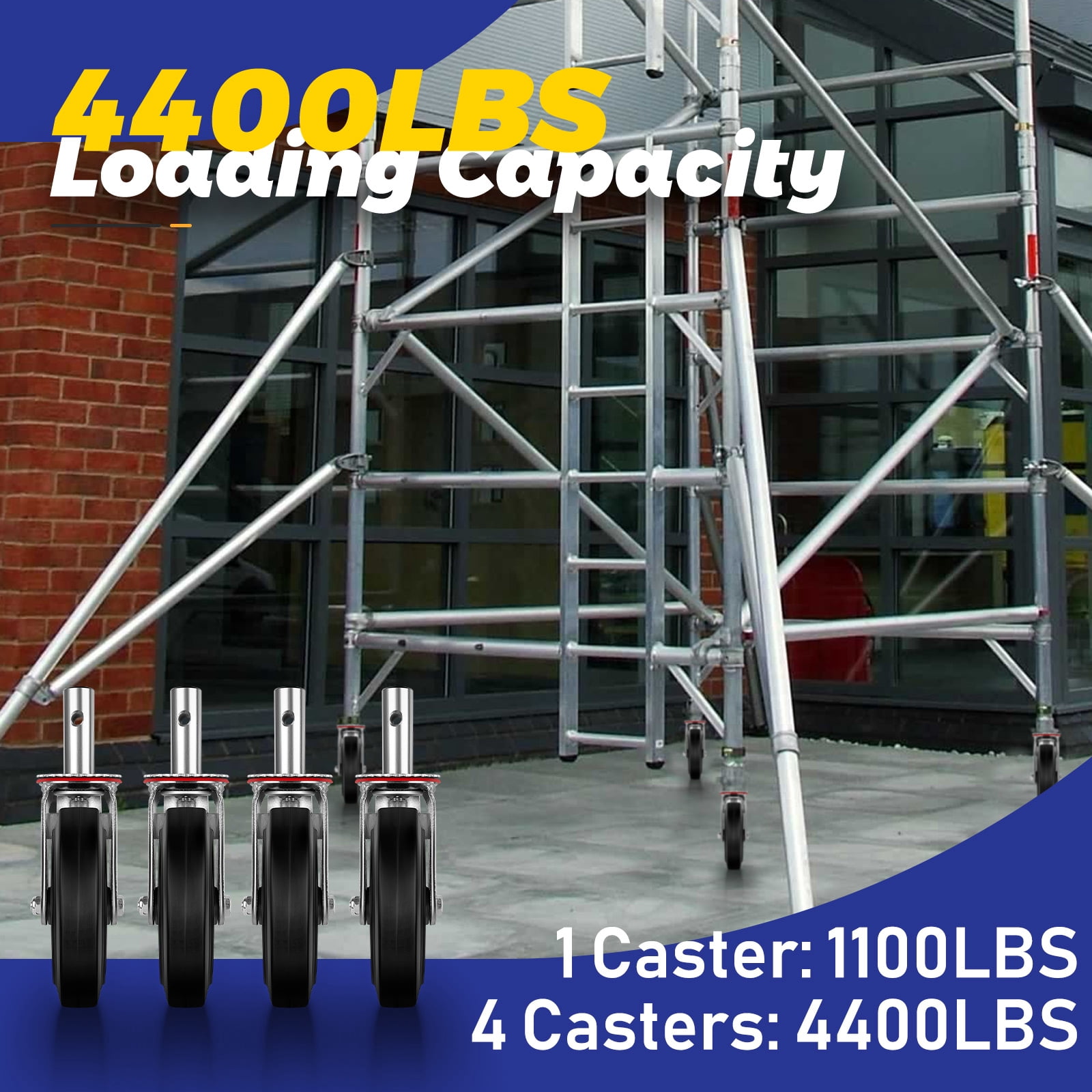 Scaffolding Wheels, Scaffold Wheels, Scaffold Caster, 8 Inch, Set of 4, Scaffolding Parts, Double Locking Brakes, Grease Fittings, Stem, Swivel, Heavy Duty, Rubber, Black, 6400LB Capacity