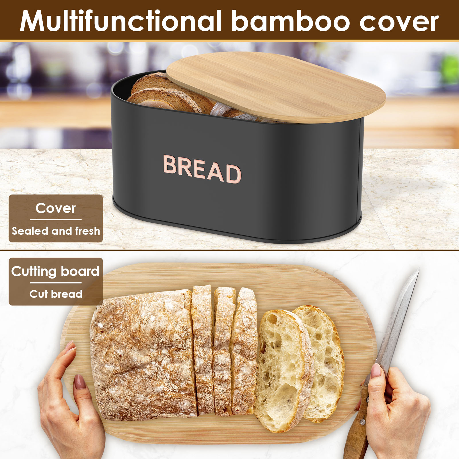 Grusce Bread Box for Kitchen Countertop, Bread Box with Cutting Board Lid, Bread Box, Bread Bin Organizer, Bread Holder, Kitchen Countertop Storage Bin Space Saving for Home Kitchen