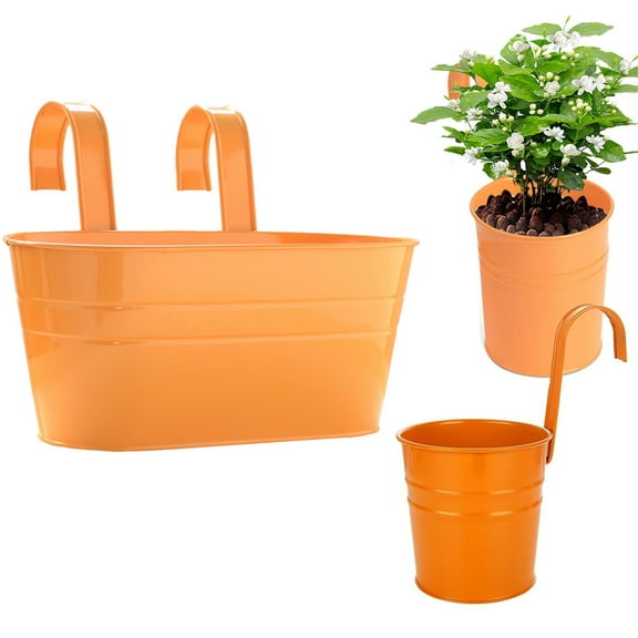 Bexikou 3 Pcs Outdoor Flower Pots,Railing Metal Balcony Plant Holder with Detachable Hooks & Drainage,Vintage Bucket Flower Plant Holder Railing Fence Garden Home Decoration