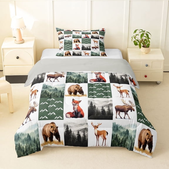 Manfei Woodland Fox Grid Twin Comforter Sets,Green Check Pine Bedding Set,Light Gray Reversible,2-Piece,1 Comforter and 1 Pillowcase