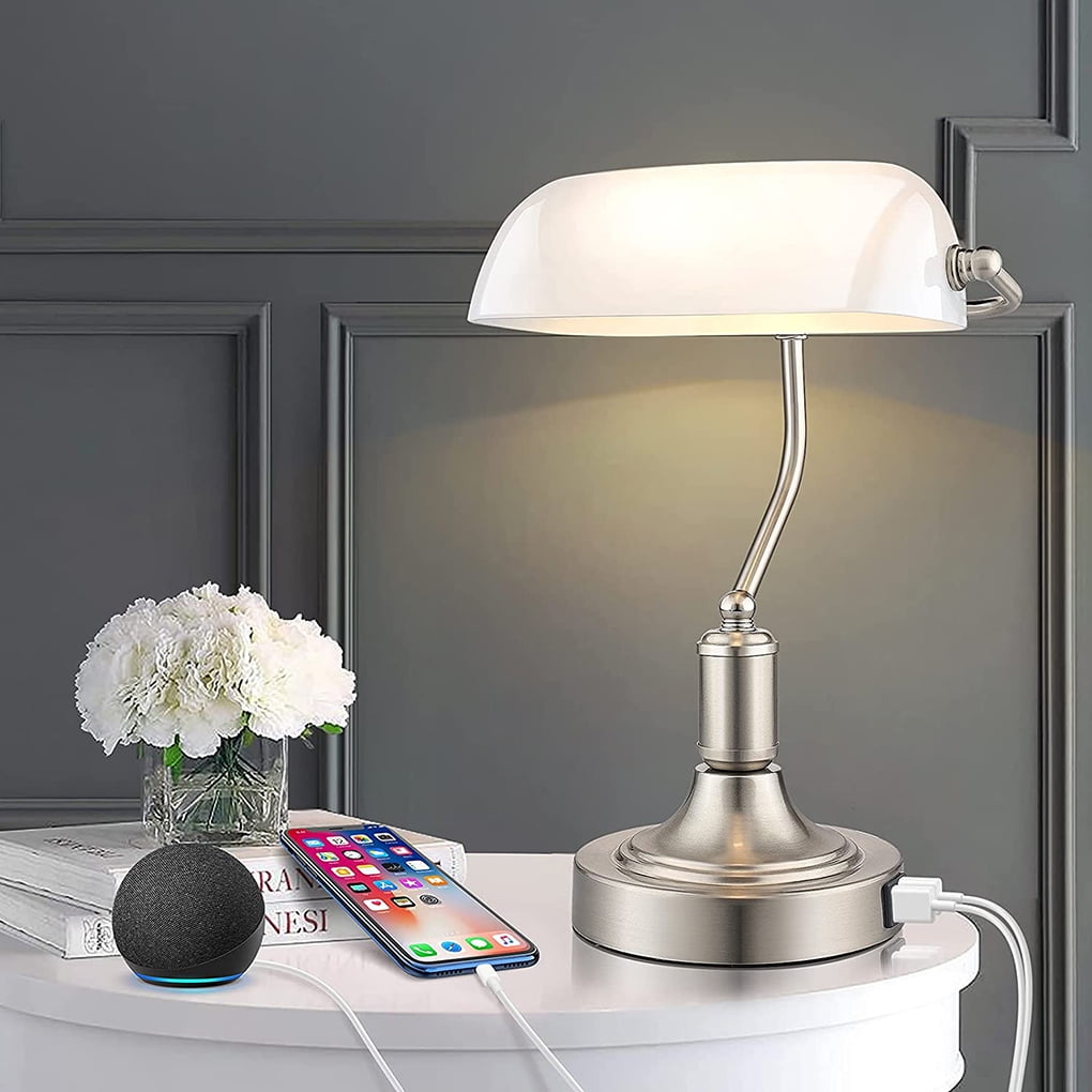 Glass Banker'S Lamp With 2 Fast Usb Charging Ports, Dimmable Touch