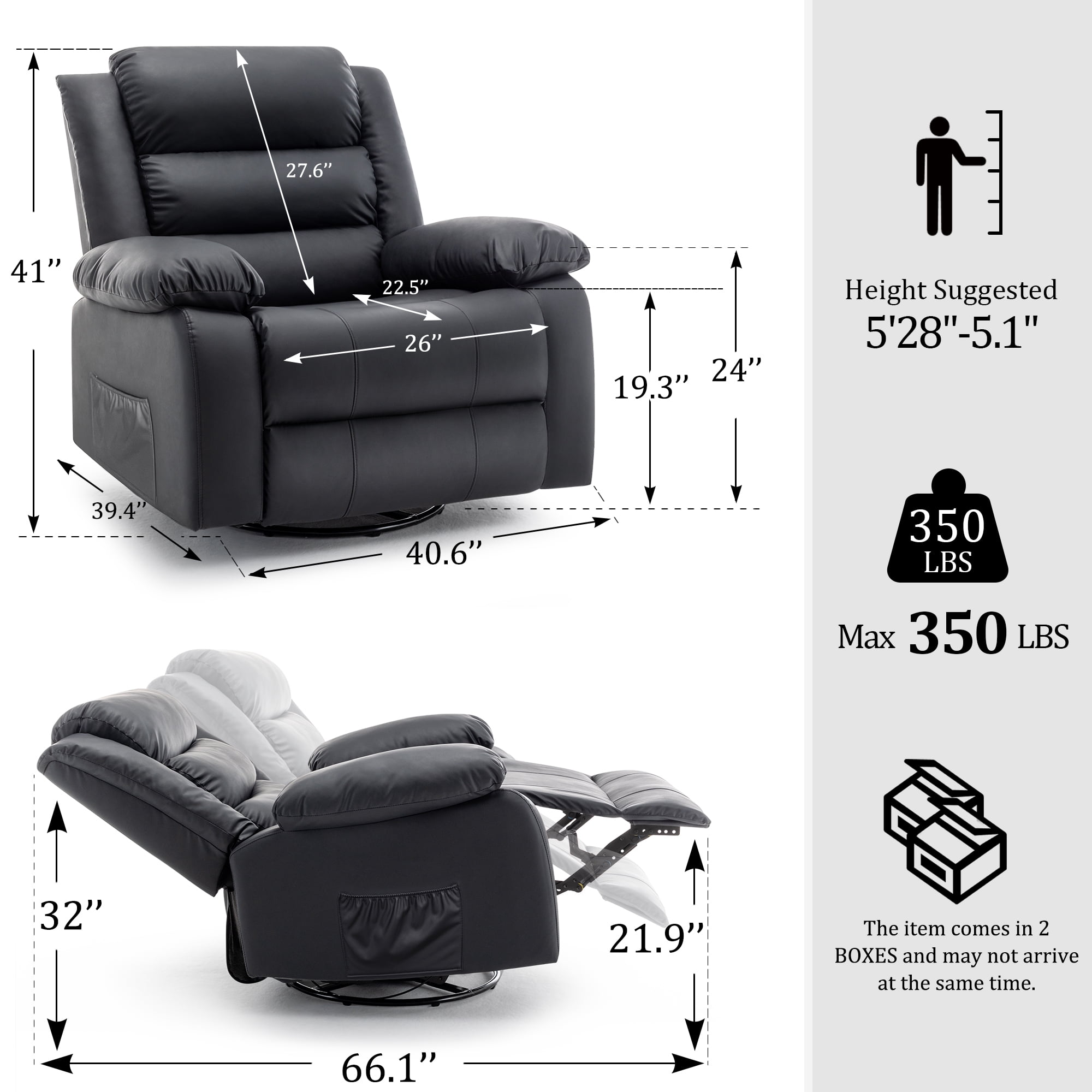 Korser Oversized Swivel Rocker Recliner Chair for Adults Faux Leather for Nursery Living Room,Black