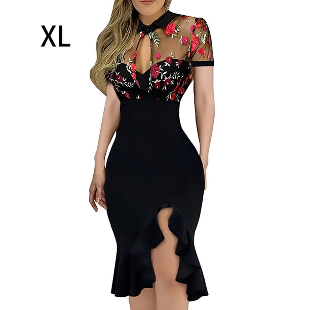 Ruiboury Women Summer Bodycon Ruffles Hem V-Neck Dress Party Short Sleeve  Mesh Embroidered Elegant Fashionable for Wedding Club Embroidery/XL