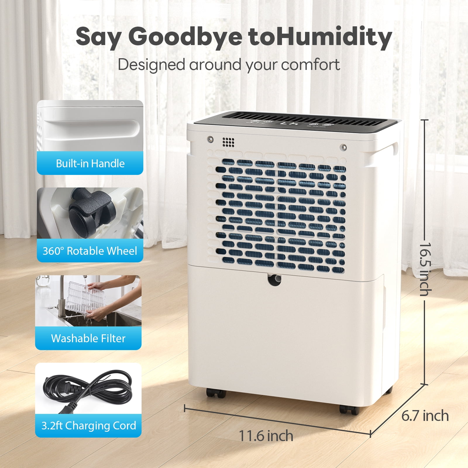1800Sq.Ft Dehumidifier, 30Pint Dehumidifiers for Home, Ultra Quiet Dehumidifier for Large Room, Bathroom,Bedroom, with 6.56FT Drain Hose,0.66Gal Water Tank, 3-Color Humidity Light