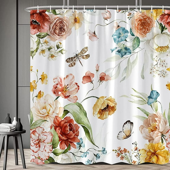 Floral Shower Curtain Flower Butterfly Dragonfly Bathroom Curtains Colorful Wildflower Green Leaves Spring Rustic Nature Plant Farmhouse Bathtub Decor with Hooks 84 x 70 in