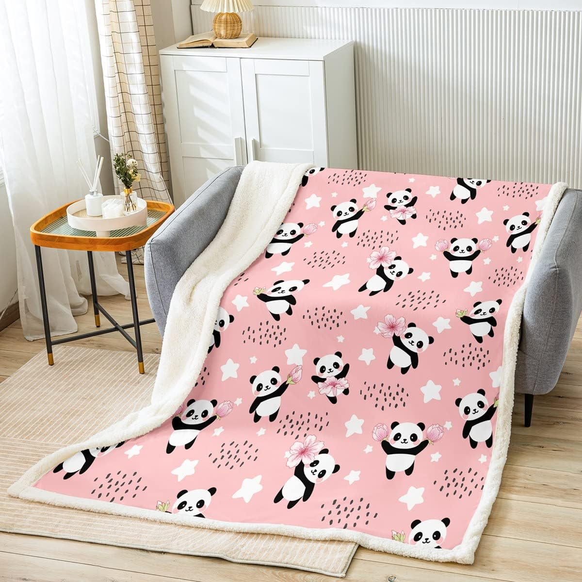 Kawaii Panda Fleece Blanket for Girls,Pink Cherry Blossom Sherpa Blanket Stars Blanket Throw Size Cute Dots Throw Blanket for Couch Sofa,Lovely Bear Animal Fuzzy Blanket Microfiber