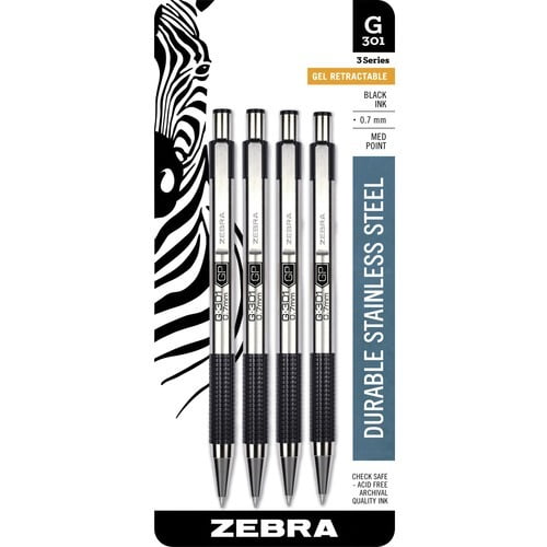 Zebra Pen G-301 stainless steel retractable gel pen, 0.7mm, black Ink, 4-Pack