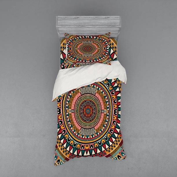 Tribal Duvet Cover Set, Folkloric Tribe Round Pattern Colors Aztec
