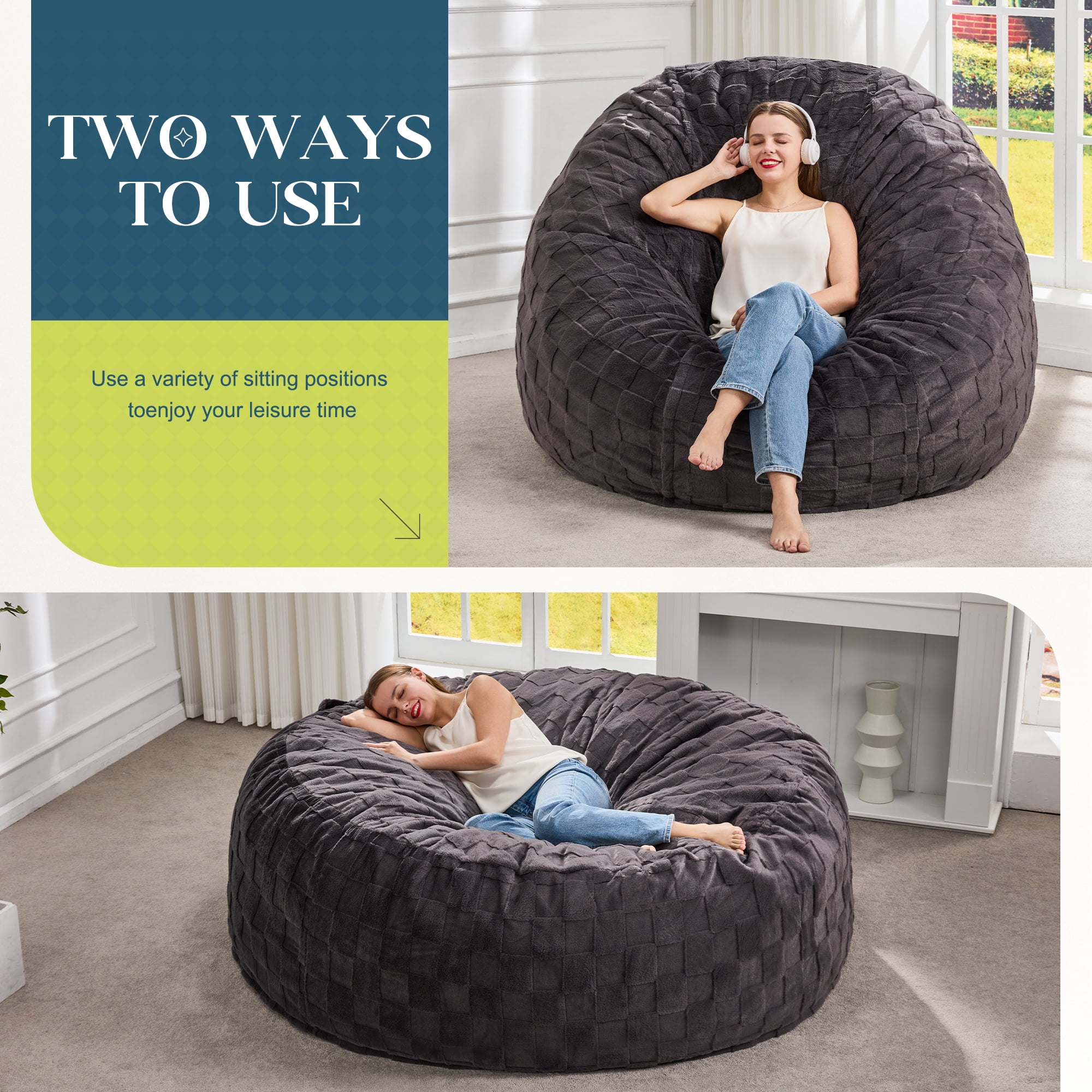 Hobestluk Bean Bag Chairs Beanbag Chair with Filler Adult Bean Bags with Fluffy Cover, Giant Bean Bag Chairs for Adults for Living Room, Bedroom (Dark Grey, 6FT - 70" x 70" x 17")