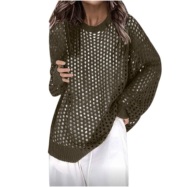Timegard Hauts à Manches Longues pour Femmes Col Rond Ajouré Couverture Automne Mode Décontractée Voyage Hauts Amples