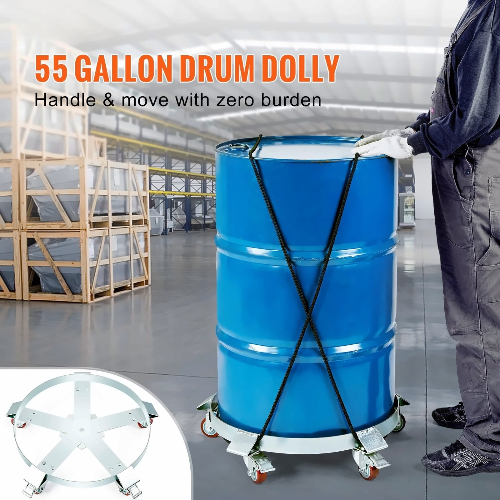 55 Gallon Drum Dolly - 1250lbs Capacity - Heavy Duty Steel Barrel Dolly Cart - Hand Truck with 5 Swivel Casters - Warehouse Drum Handling