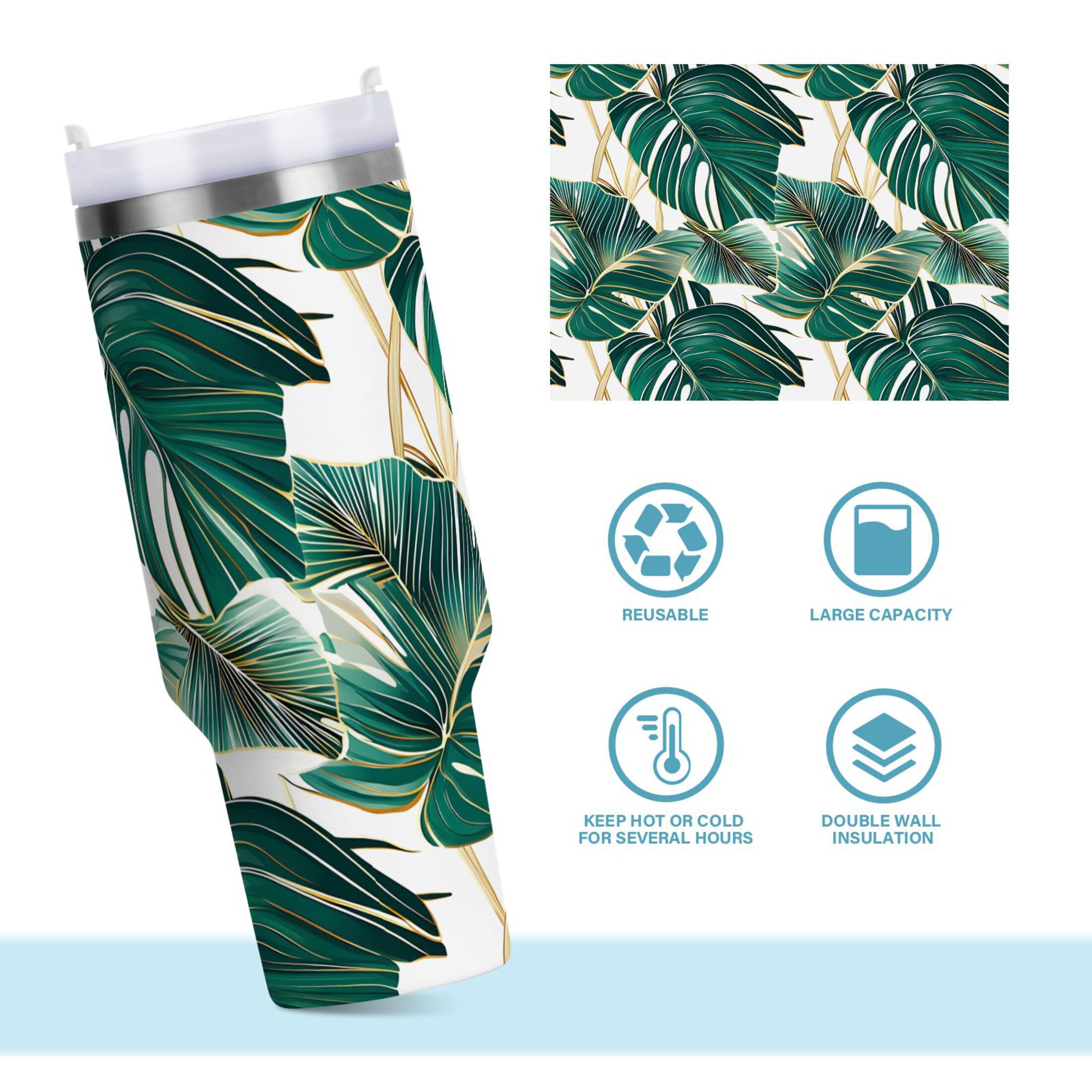 Ryvnso 40 oz Tumbler with Handle and Straw Tropical Leaves Green Insulated Stainless Steel Travel Mug with Lid