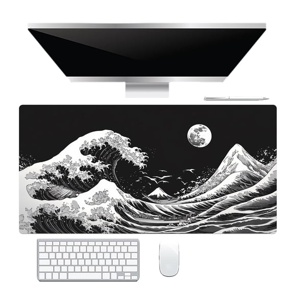 NEONWE Japanese Sea Wave Gaming Mouse Pad - Black and White Kanagawa Non-slip Rubber Base Large Desk Mat, Extended Long Keyboard Pad for Work Game Office Home, 3mm Thick, 31.5 X 15.75 Inch