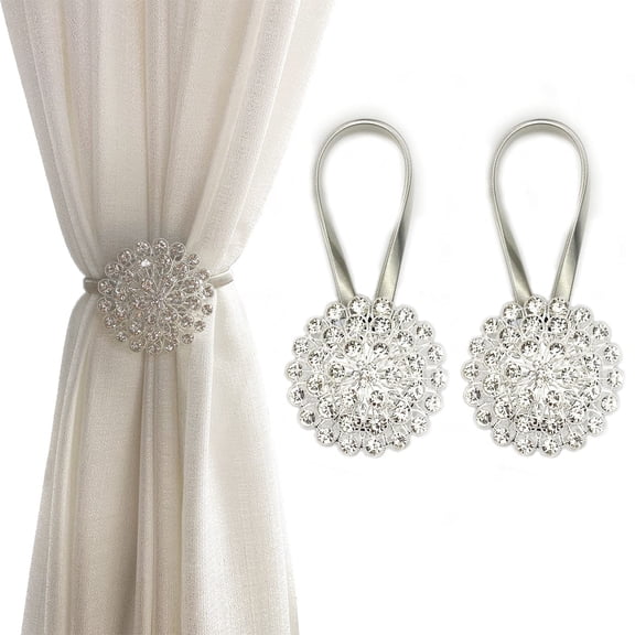 Magnetic Tiebacks for Curtains,2 Pack Sparkling Crystal Flower Curtain Tiebacks Curtain Buckle Clips with High-Elastic Spring Wire for Home Office Decoration (White)