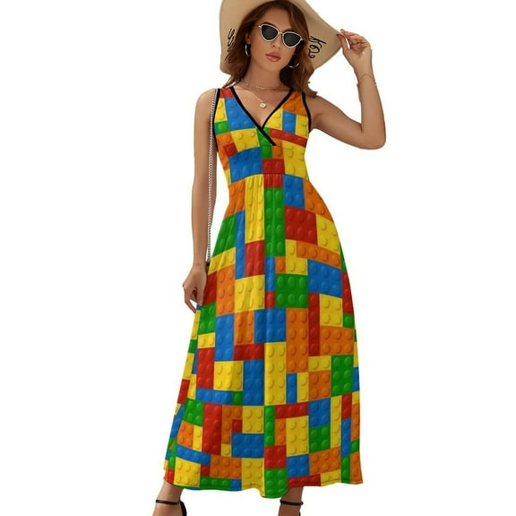 Colorful Building Bricks Small Plastic Blocks Dress Summer Street Style Bohemia Long Dresses Female Sleeveless Printed Maxi Dress