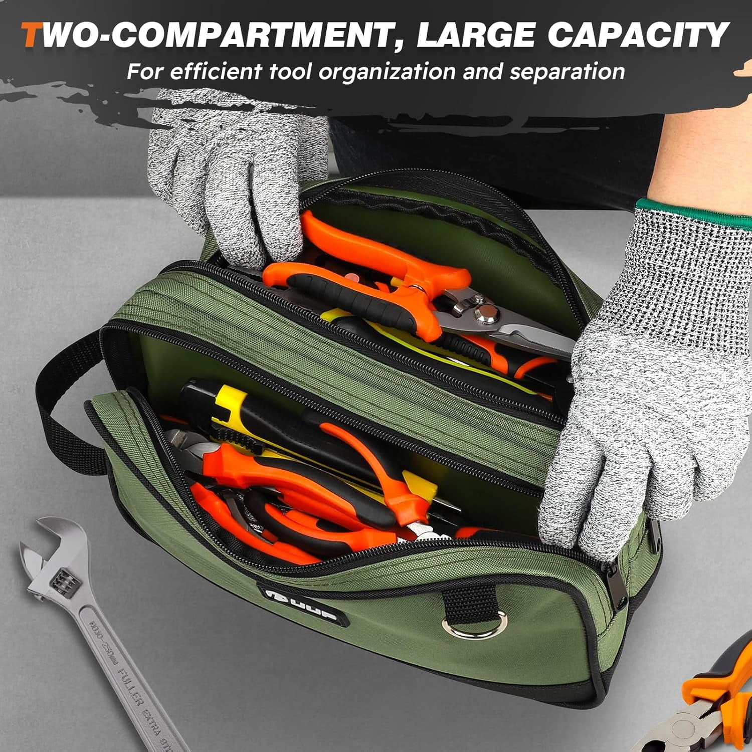 General 12 Inch Small Tool Bag, Zipper Tool Pouch Two Compartments Heavy Duty, Utility ToolBag with Carrying Handle D-Rings, Tools Storage Organizer for Electrician Mechanic, Gift for Men Dad,Green