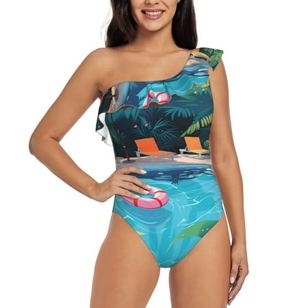 Qokaie Tropical Poolside Relaxation Print Women s One Piece Swimsuits Tummy Control Bathing Suits Asymmetric One Shoulder Swimwear-Medium