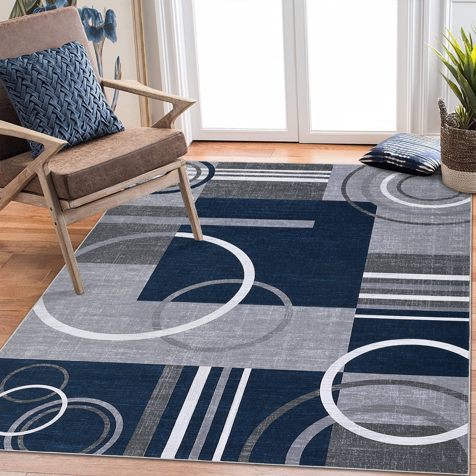 Garvee Modern Geometric Area Rugs 10'x13' Living Room Rugs, Abstract Washable Rug Non-Slip Soft Indoor Throw Carpet Stain Resistant Rug for Dining Room Bedroom, Dark Blue