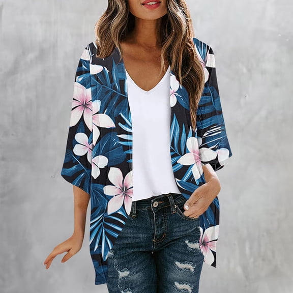 NTACZA Hawaiian Summer Cardigan Flowy Open Front 3/4 Sleeve Tropical Floral Kimono Relaxed Coverups Beachwear Multicolor