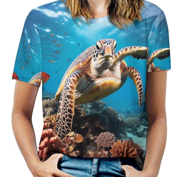 Nautical Green Sea Turtles Women's Short Sleeve T-Shirt Crew Neck Casual Summer Trendy Loose Fit Tops