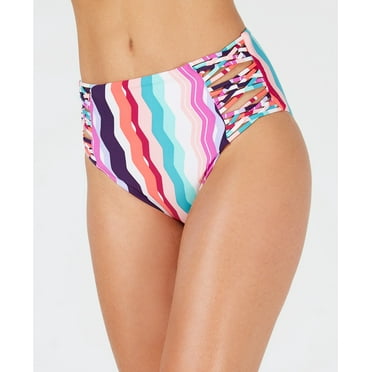 Bar III MULTI Waves Printed Strappy High-Waist Bikini Swim Bottom, US X-Small