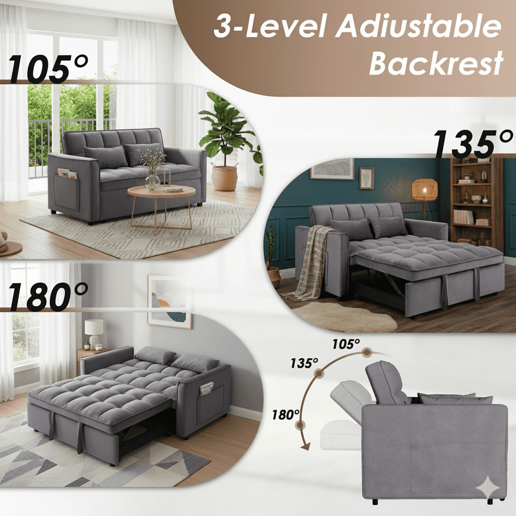 3 in 1 Sleeper Sofa Bed, 55" Convertible Pull Out Couch with Adjustable Backrest, Velvet Loveseat Sofa with Side Pockets for Living Room, Bedroom, Apartment, and Small Space (Dark Gray)