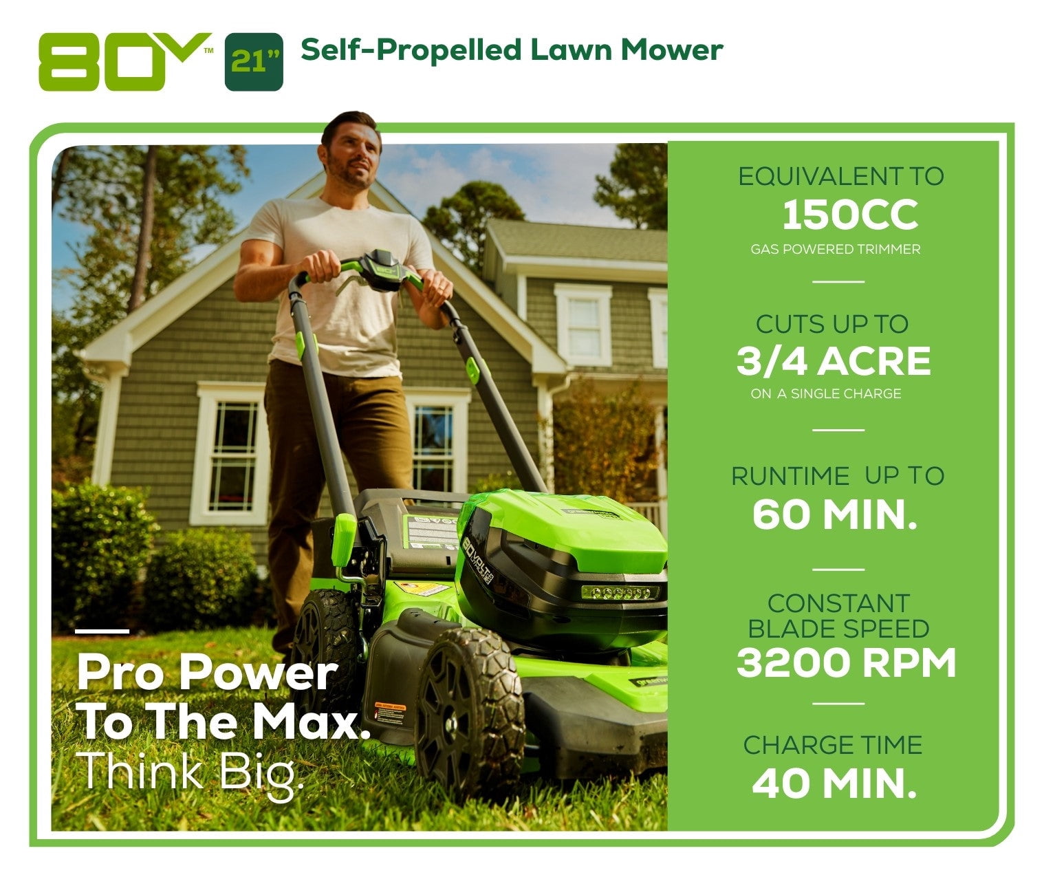 Greenworks 80V 21" Cordless Battery 4-in-1 Self-Propelled Lawn Mower with 4.0Ah, 2.0Ah Battery & Rapid Charger