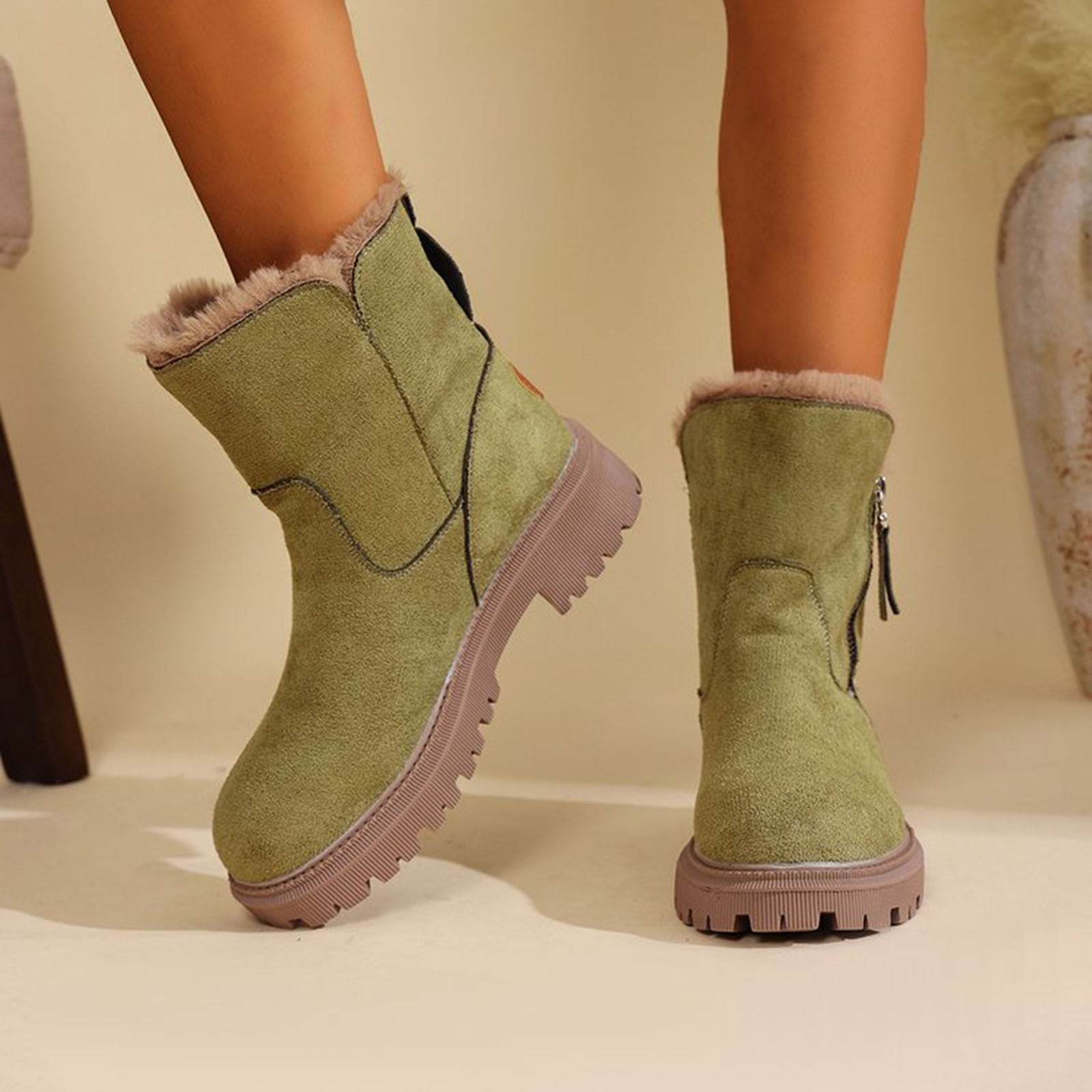 Xfvqtps Thermal Winter Boots for Women Warm Furry Lined Mid Calf Boots Waterproof Snow Shoes Non Slip Sole Outdoor Hiking Booties Comfortable Green