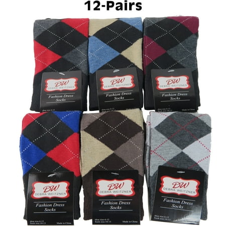 Soft Cotton Argyle Socks - Debra Weitzner Mens Dress Socks With Classic Argyle Patterns - Cotton - Assorted Colors - Crew Length - Pack of 12 Pairs